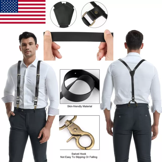 Men's Y-strap Leather Suspenders Vintage Belt Four Hooks Buckle Adjustable USA