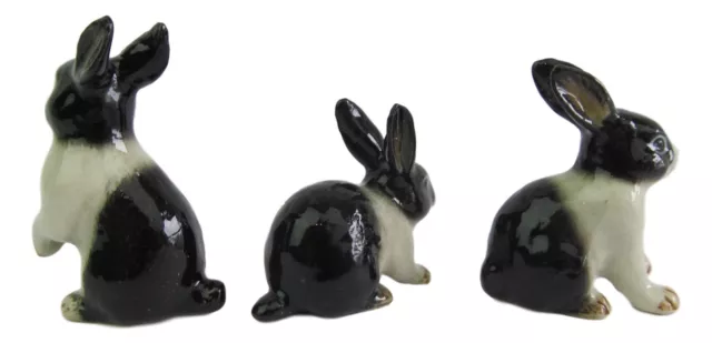 Miniature Ceramic Hand Painted Black & White Rabbit Figurines - Set of 3 2