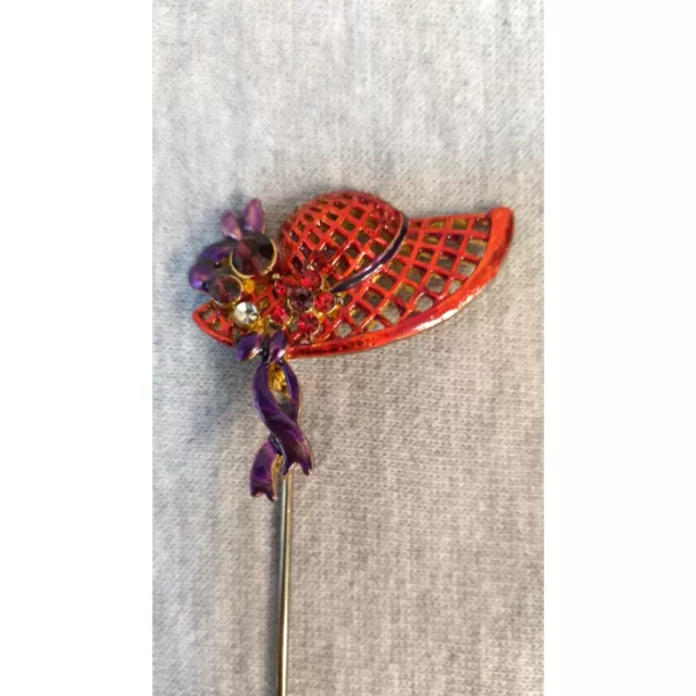 Beautiful Red Hat with Purple Ribbon Rhinestone Hair Pin for Women