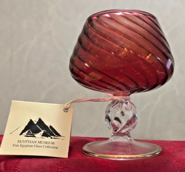 Vtg Ruby Red Hand Blown Egyptian Museum German Pyrex Glass Swirl 24K Gold Trim