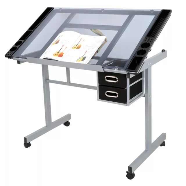ROLLING DRAWING DRAFTING Table Adjustable Tempered Glass Art Craft Work ...