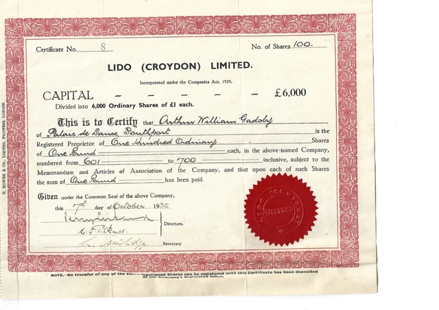 Vintage Lido (Croydon) Limited Share Certificate