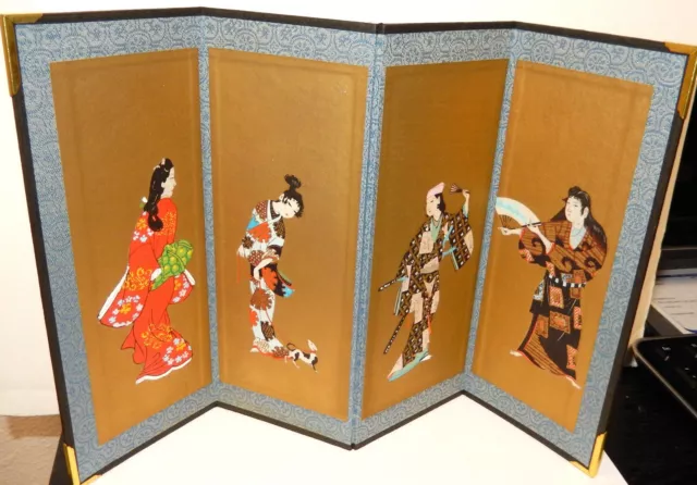 Chinese Geisha Girls Original Watercolor 4 Panel Screen Painting Signed