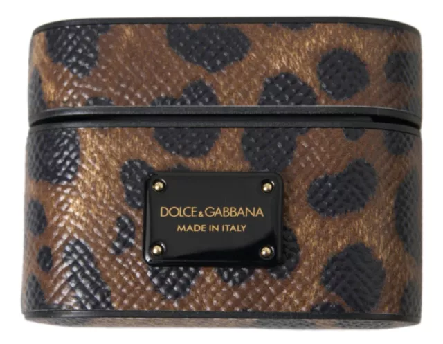 DOLCE & GABBANA Airpods Case Brown Leopard Calf Leather Metal Logo Print 300usd