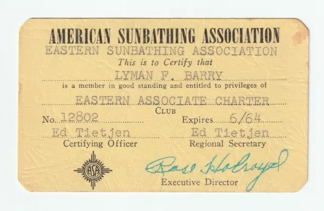 American Sunbathing Association Member Card - 1964 Famous Nudist - Signed RARE