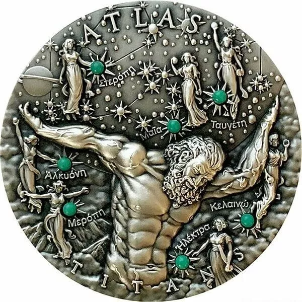 2020 $2 Niue Glow In The Dark ATLAS Titans Antique Finish 2 Oz Silver Coin.