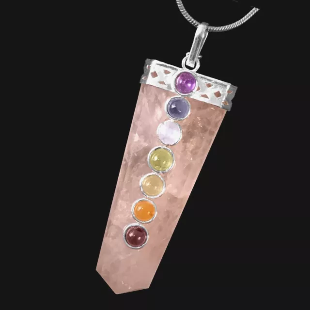 Rose Quartz Crystal 7 Chakra Pendant Sterling Silver Necklace Reiki Energy Heali