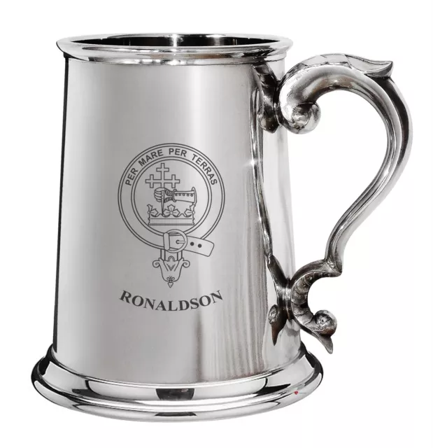 Ronaldson Family Crest Polished Pewter 1 Pint Tankard with Scroll handle