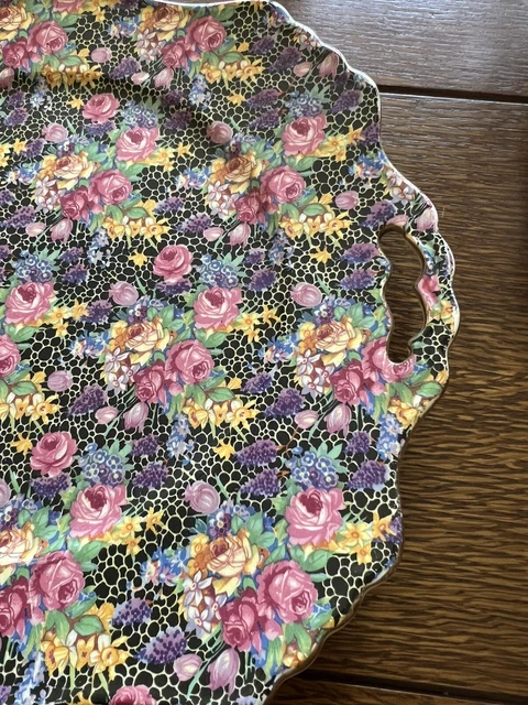 Vintage Royal Winton Grimwades “Hazel” Cake Plate Handled Dish Black Rose Chintz 2