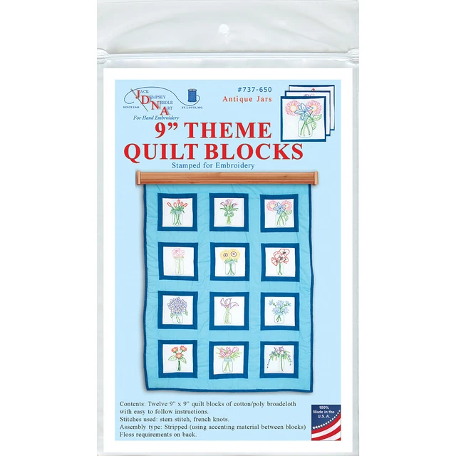 Jack Dempsey Thema gestempelt weiße Quiltblöcke 9""x9"" 12/Stück - antike Gläser - 737 65