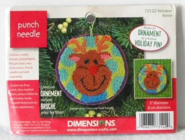 #73122 Dimensions "Reindeer" Punch Needle Christmas Ornament Or Pin Kit - Nip!