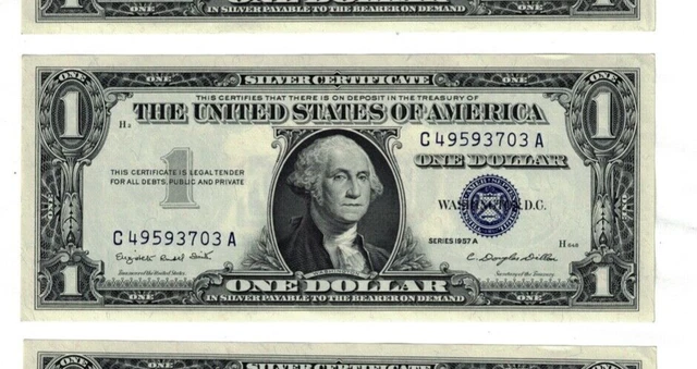 1957 A $1 One Dollar Silver Certificates Unc. Consecutive Serial Number Fr.1620
