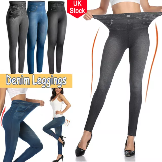 Women High Waist Stretchy Jeggings Ladies Skinny Leggings Denim Look Jeans Pants