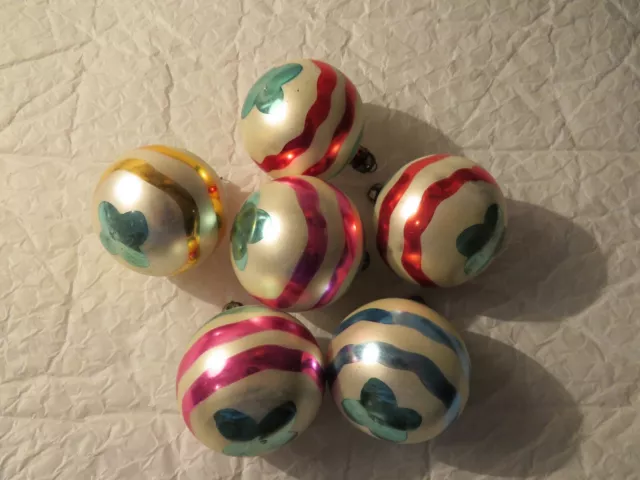 6 Anciennes Décorations En Verre Pour Sapin De Noël " Boules Rayées "