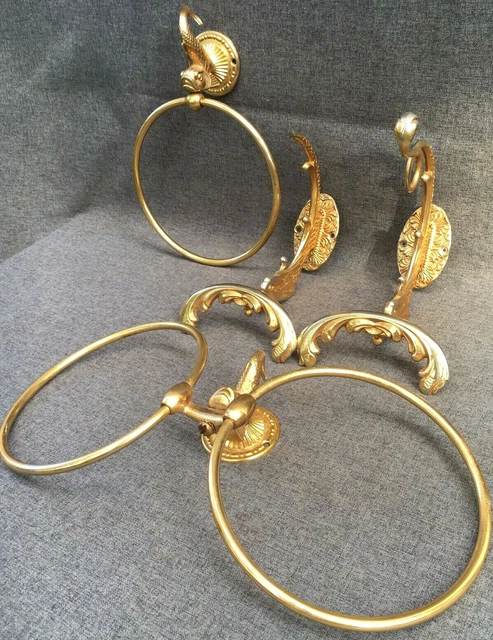 4 vintage french hooks hangers lot 1970-80's gold painted metal bathroom fishes