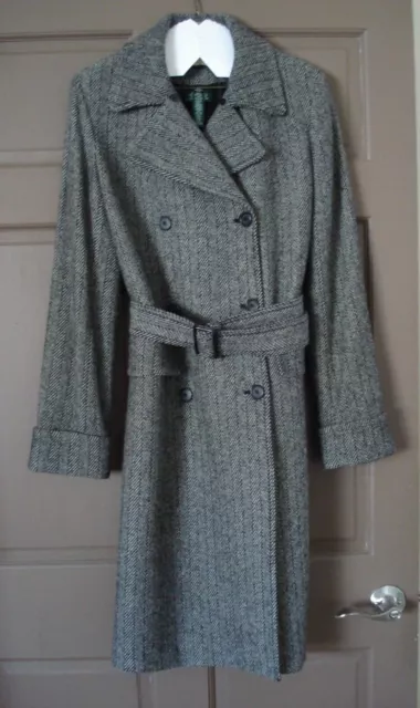 Ralph Lauren Wool Herringbone Gray White Tweed Wool Long Coat Size US 10