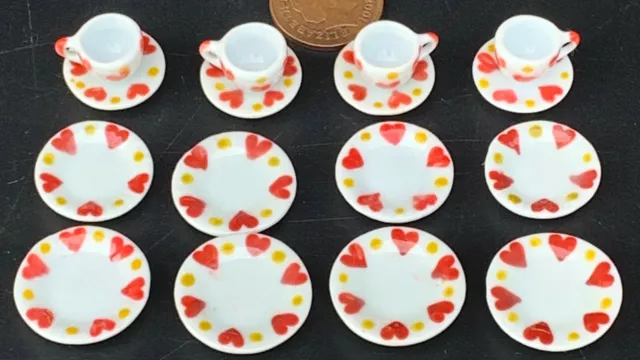 16 Piece Ceramic Tea Set With A Heart Motif Tumdee 1:12 Scale Dolls House TS13