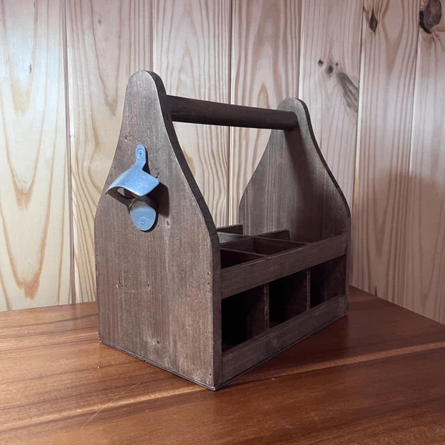 Vintage Farmhouse Style Wood Beer Caddy with Bottle Opener