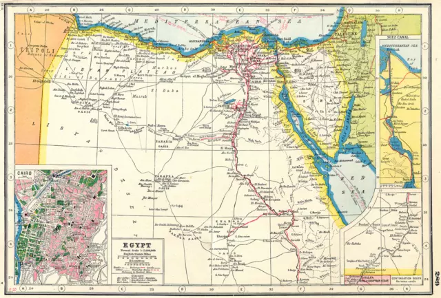 EGYPT. inset Cairo & Suez canal . HARMSWORTH 1920 old antique map plan chart