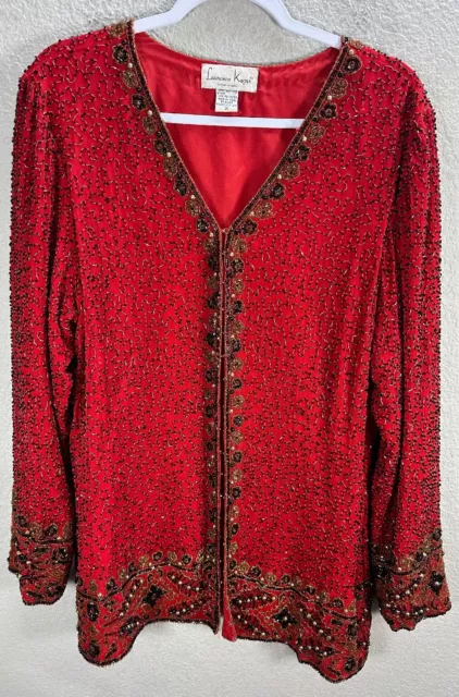 Laurence Kazar New York Red Silk Beaded Jacket Blazer Hook Closure Evening Sz 1X