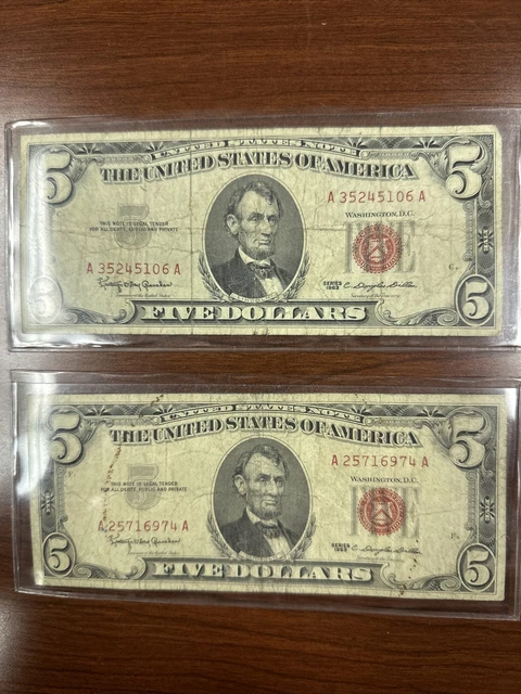 Qty: (2) 1963 Five Dollar RED Seal Notes United States Old US Bill $5 Avg Cond.