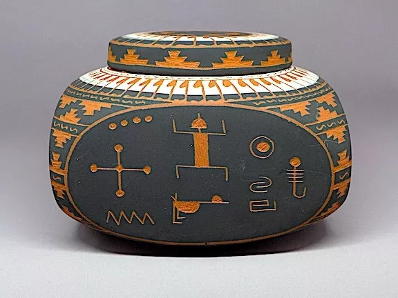 Navaho Hand Painted and Carved Lided Square Jar signed by Artist 3