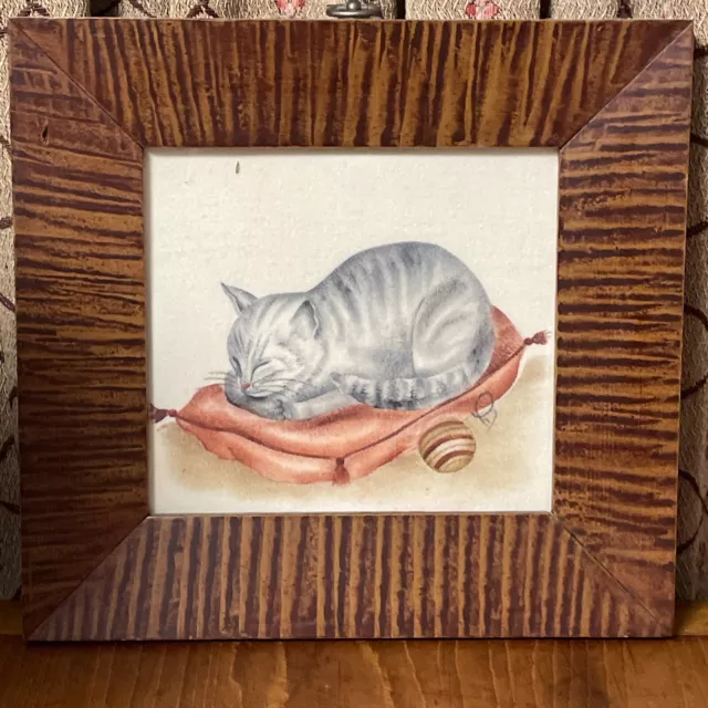 Sleeping Kitten by B, framed 1950's Antique Frame 9" by 8 3/4" Tiger
