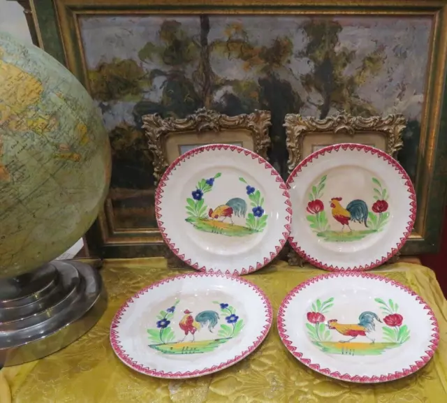 4 anciennes assiettes en faience a decor de coq differentes en faience