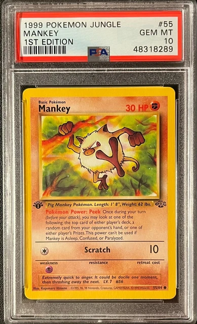 1st Edition Jungle Mankey Pokemon Card None Holo PSA 10 Gem Mint