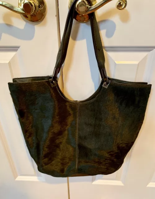 Elizabeth and James Cynnie Fur/Calf Hair Leather Bucket Shoulder Bag Dark Green