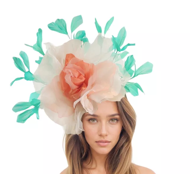 Coral Pink Jade Green Ascot Fascinator Hat Headband Kentucky Feather Headpiece