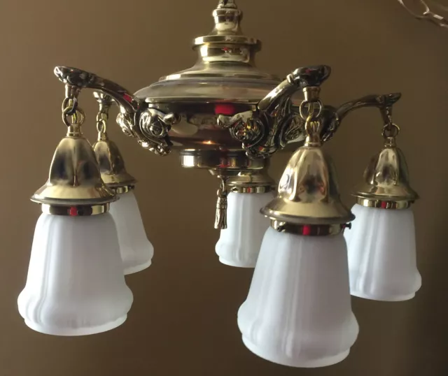 Vtg Art  Deco Victorian  Metal & Brass Chandelier Hanging Pan 5 Lights