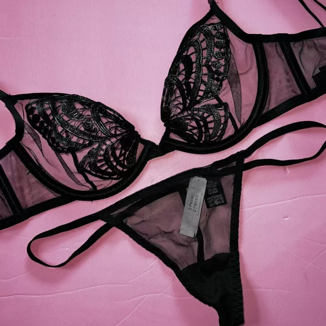 Victoria's Secret unlined 34DD BRA SET thong BLACK butterfly