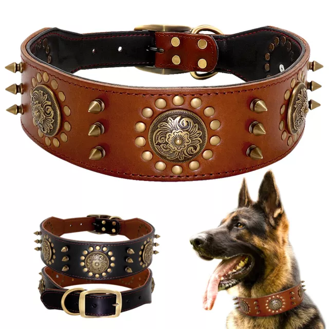 British Handmade Best Leather Studded Large Dog Collars Rottweiler Pitbull Boxer