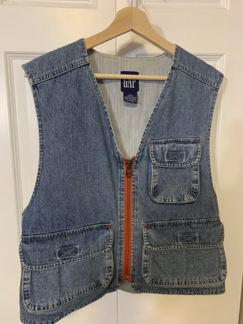 Vintage GAP Jean Zippered Vest Mens Sz Medium Pockets Blue
