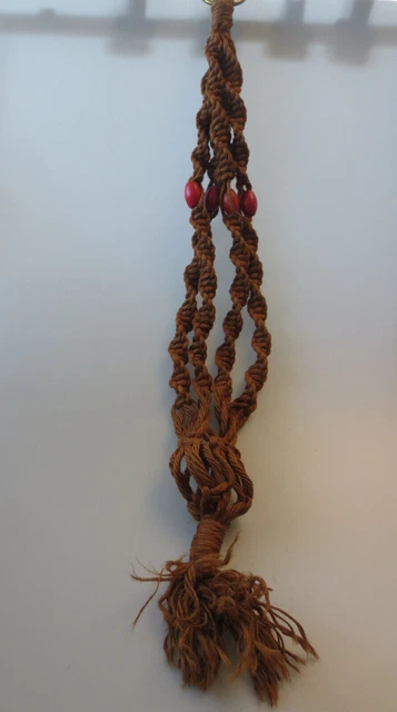 Fabulous Vintage Macrame Plant Hanger Brown Rope Red Beads