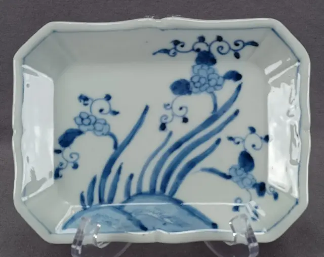 Late 19th / Early 20th Century Japanese Blue Stylized Flower Rectangular Dish