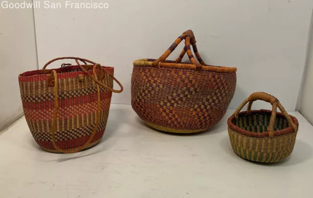 Lot Of 3 Woven African Traditional Storage Baskets Double Leather Handles