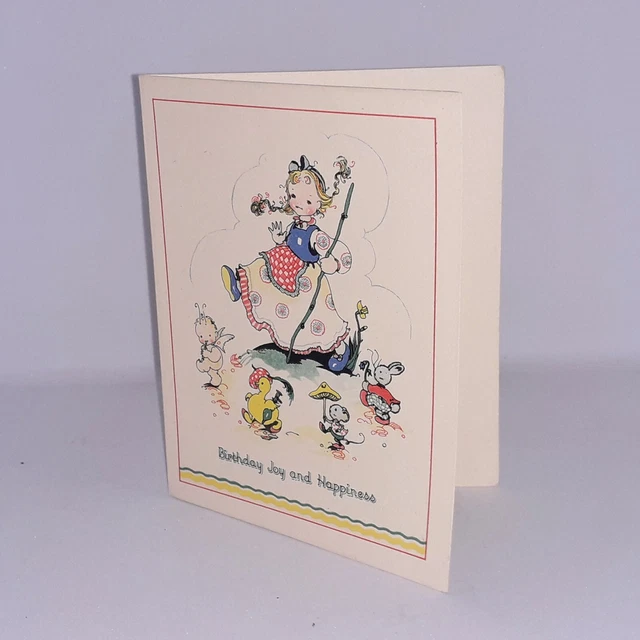 Vintage Deadstock 40s 50s Childs Birthday Joy Greetings Card Gilt Printed 2