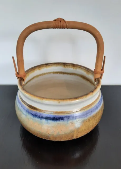 Vintage Lynne McDowell Australian Studio Pottery Cane Handled Basket Bowl