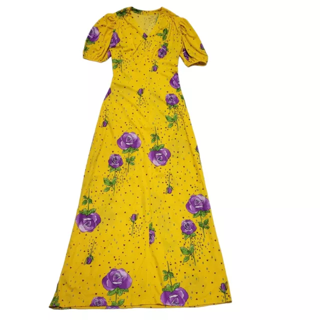 70s Vintage Yellow Purple Rose Short Sleeve A-Line Maxi Dress Women's Size 8