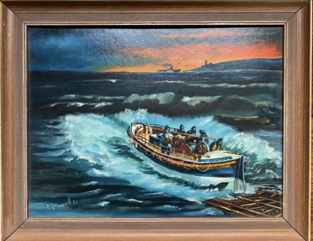 RLNI Lifeboat Slipway Original Vintage Seascape Oil Painting Sunset Sun Set 1981