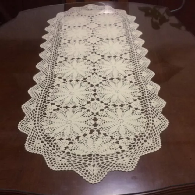 Vintage Cotton Table Runner Hand Crochet Lace Doily Floral Wedding Dining Decor