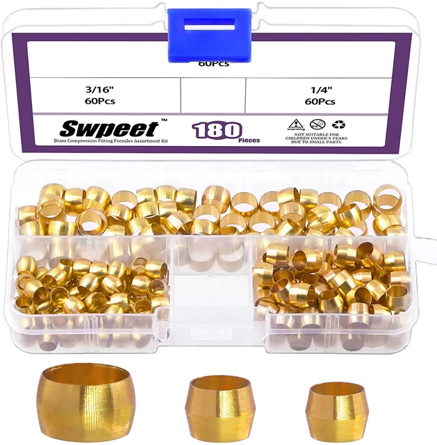 Swpeet 105 Pcs Tube OD 1/4'' 3/8'' 1/2'' Brass Compression Sleeves Ferrules 3...
