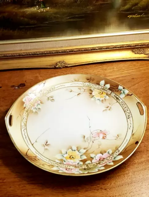 Beautiful Hand Painted Nippon Moriage Cake Plate Gold Pink Wild Rose w Gilt