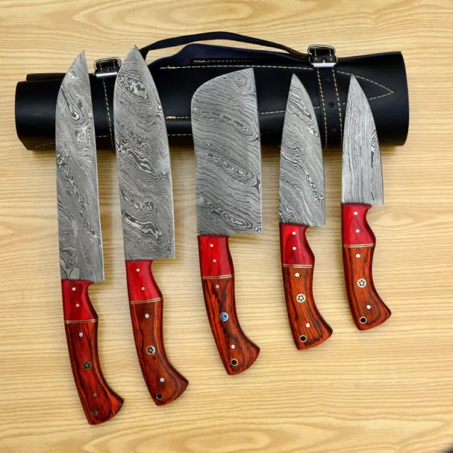 Küchenmesser-Damaststahl-(100 Lagen) Handgefertigte MesserSet Mit Lederschide