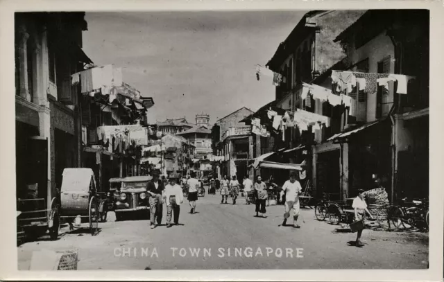 singapore, China Town, Street Scene, Rickshaw, Car (1940s) RPPC Postcard