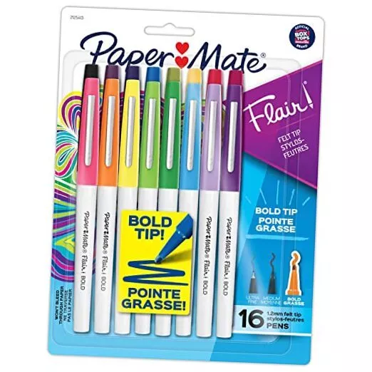 Flair Pens, Felt Tip Pens, Bold Tip (1.2 mm), Assorted Colors, 16 Count