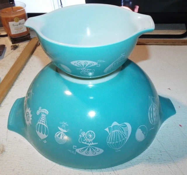 VTG Novelty Pyrex Turquoise Hot Air Balloon Chip & Dip Set Rare HTF Piece