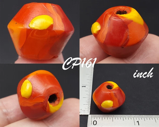 Rare Orange & Yellow Islamic Mosaic Glass Carved Bicone Short Bead #CP161a